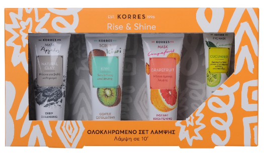 Korres Σετ Rise & Shine Μάσκα για Βαθύ Καθαρισμό Natural Cley 18ml + Scrub Ήπιας Απολέπισης Kiwi 18ml + Μάσκα με Γκρέιπφρουτ για Λάμψη 18ml + Μάσκα με Αγγούρι για Μαύρους Κύκλους και Σακούλες 8ml
