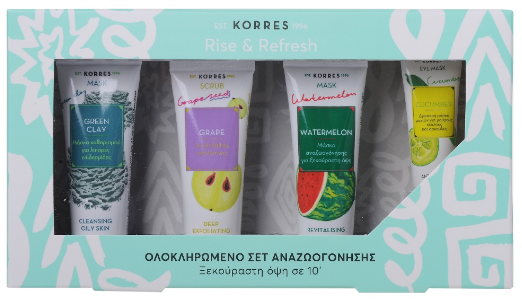 Korres Σετ Rise & Refresh Μάσκα Καθαρισμού Green Clay για Λιπαρές Επιδερμίδες 18ml + Grape Scrub Βαθιάς Απολέπισης 18ml + Watermelon Μάσκα Αναζωογόνησης 18ml + Μάσκα με Αγγούρι για Μαύρους Κύκλους και Σακούλες 8ml