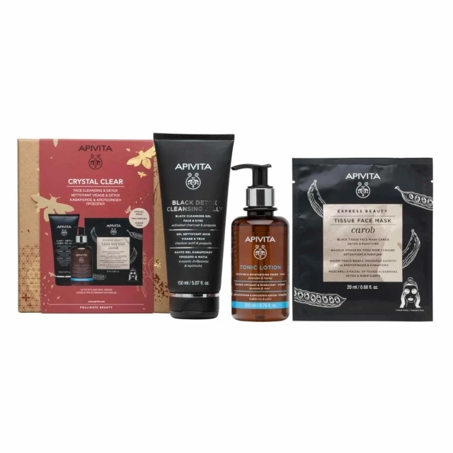 Apivita Crystal Clear Promo Pack Black Detox-Tonic Lotion-Tissue Face Mask Carob